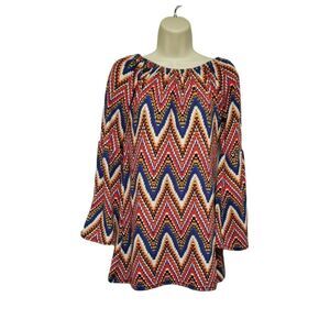 Win-Win Bell Sleeve Off Shoulder Chevron Print Multi Colored Tunic Blouse S/M